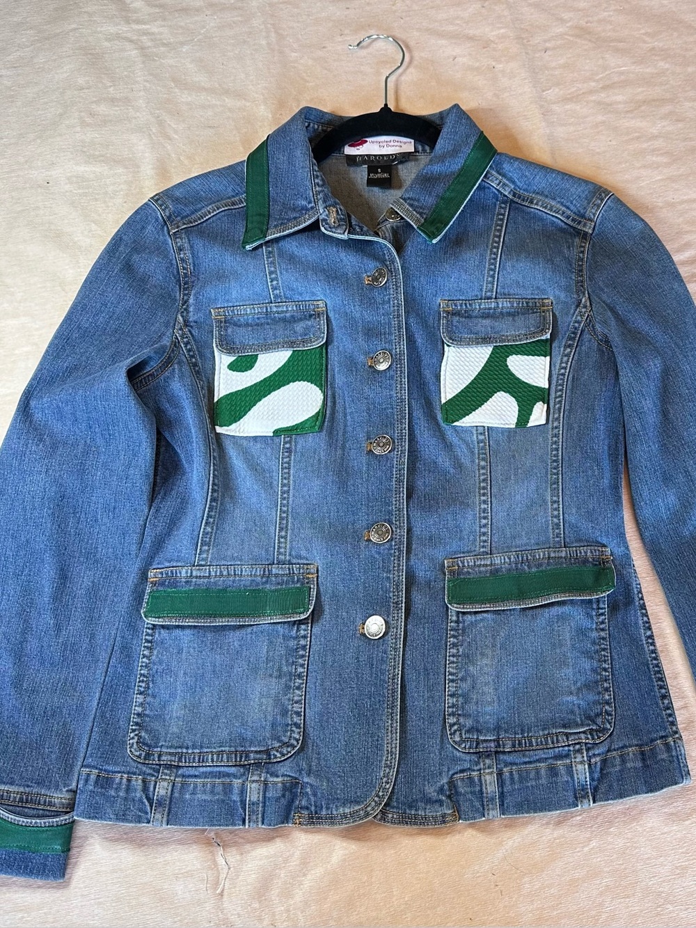 Upcycled Denim Jacket with Green Trim and Pocket Accents - Women